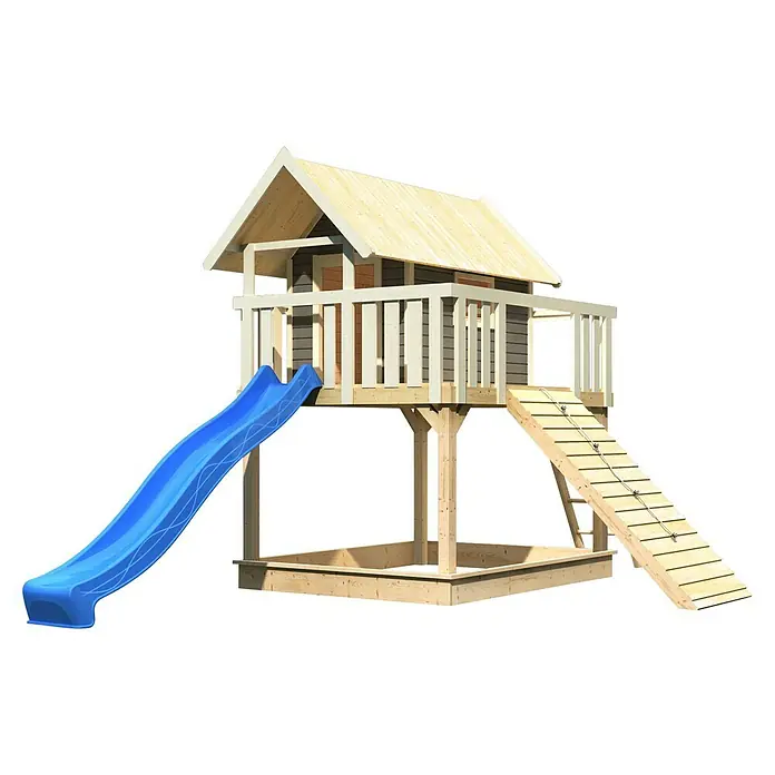 Karibu Kinderspielturm Fidel Set 17 - L x B x H: 243 x 198 x 329,5 cm, Terragrau/Blau - Bild eines hölzernen Spielhauses mit Rutsche und Sandkasten, ideal für Kinder zum Spielen und Spaß haben im Freien.