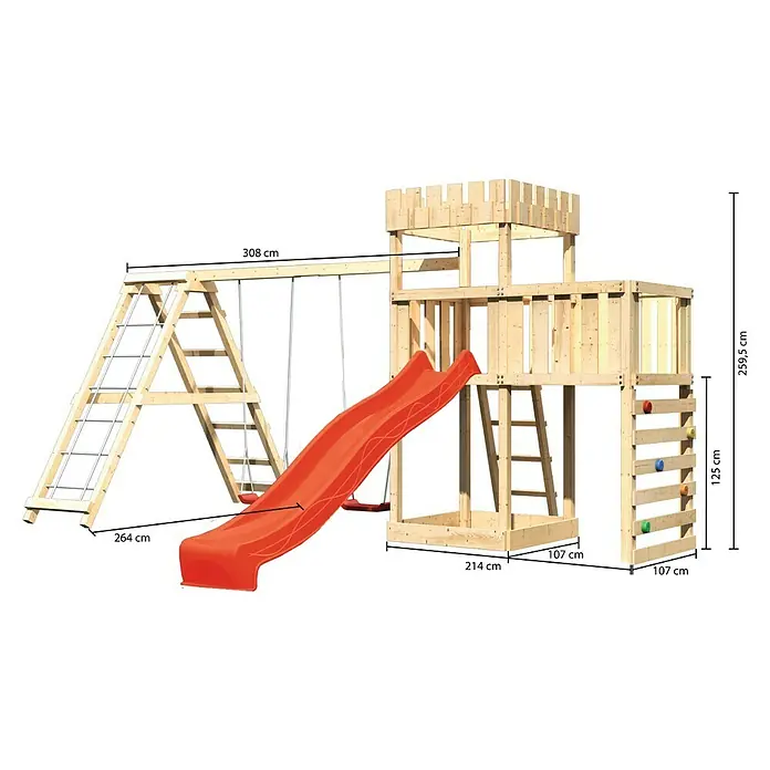 Karibu Kinderspielturm Ritterburg Löwenherz Set 54 - L x B x H: 264 x 522 x 259,5 cm, Natur/Rot - Abbildung eines Spielturms aus Holz mit Rutsche, Schaukel und Kletterwand, ideal für den Garten.