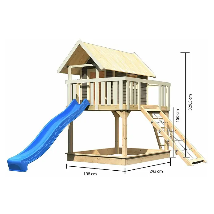 Karibu Kinderspielturm Fidel Set 13 - L x B x H: 243 x 198 x 329,5 cm, Terragrau/Blau - Abbildung eines Holzspielhauses mit Rutsche und Sandkasten. Das Spielhaus hat eine Höhe von 329,5 cm und ist ideal für Kinder.