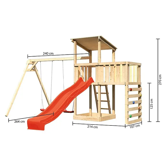 Karibu Kinderspielturm Anna Set 52 - L x B x H: 264 x 454 x 270 cm, Natur - Abenteuerlicher Holzspielplatz mit Schaukel, Rutsche und Kletterwand für stundenlangen Spaß im Garten.