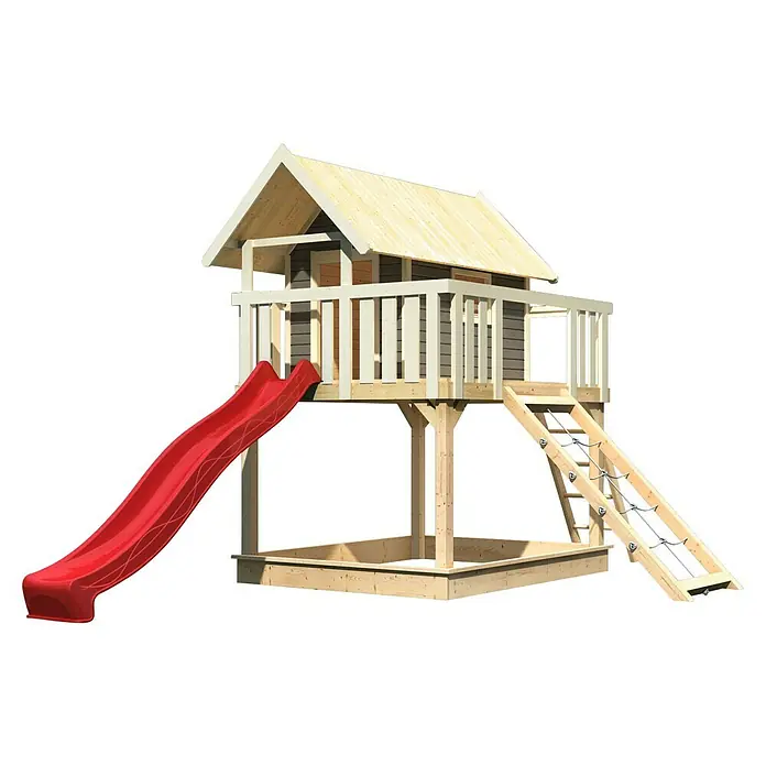 Karibu Kinderspielturm Fidel Set 14 - L x B x H: 243 x 198 x 329,5 cm, Terragrau/Rot - Das Bild zeigt ein Spielhaus mit Rutsche, Klettergerüst und Sandkasten, ideal für Kinder zum Spielen und Austoben im Freien.
