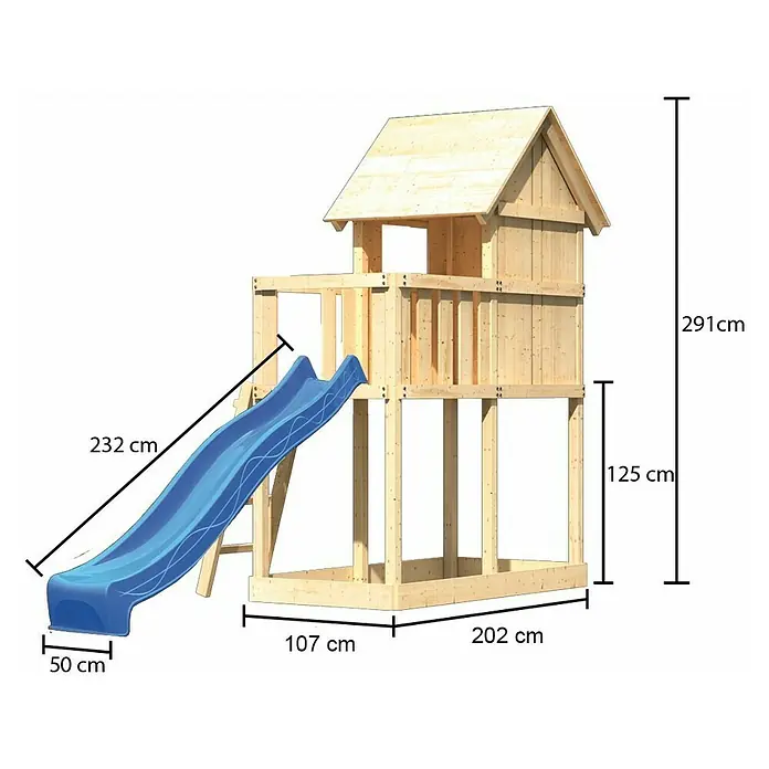 Karibu Kinderspielturm Frieda Set 2 - L x B x H: 107 x 202 x 291 cm, Natur - Abbildung eines Spielhauses mit Rutsche und den dazugehörigen Maßen, wie Höhe, Breite und Länge.