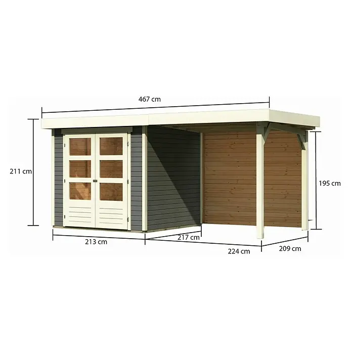 Karibu Gartenhaus Askola 2 - Außenmaß inkl. Dachüberstand (B x T): 467 x 238 cm, Holz, Terragrau, Mit Seitendach & Rückwand - Abbildung eines Holzschuppens mit Vordach und Maßangaben in Zentimetern, um die Abmessungen des Produkts zu verdeutlichen.