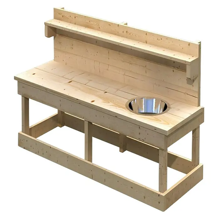 Karibu Matschküche Sandy - 44 x 119,5 x 79 cm, Holz, Natur - Das Bild zeigt einen hölzernen Gartentisch mit Spülbecken. Ideal für Gartenarbeit und zum Händewaschen im Freien.