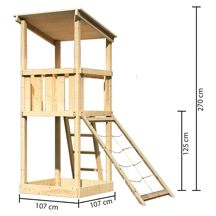 Karibu Kinderspielturm Anna Set 7 - L x B x H: 107 x 107 x 270 cm, Natur - Ein zweistöckiger Spielturm aus hellem Holz mit einer Kletterwand und einer Leiter. Die Maße sind angegeben.
