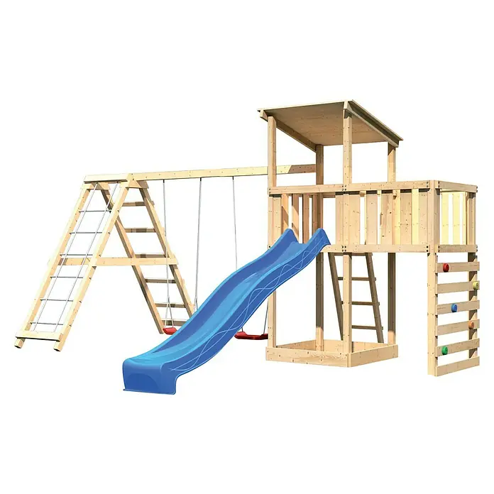 Karibu Kinderspielturm Anna Set 53 - L x B x H: 264 x 522 x 270 cm, Natur - Abenteuerlicher Spielturm mit Rutsche, Schaukel und Kletterwand für stundenlangen Spielspaß im Garten. Robust und wetterfest!
