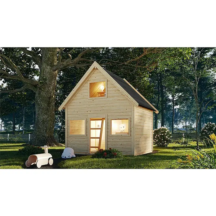Karibu Spielhaus KalleL x B x H: 183,5 x 212,5 x 253 cm, Holz, Natur - Kinder-Spielhaus aus Holz im Garten. Das Spielhaus bietet Kindern einen sicheren und fantasievollen Ort zum Spielen und Entdecken.