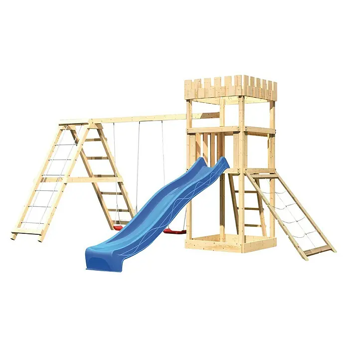 Karibu Kinderspielturm Ritterburg Löwenherz Set 33 - L x B x H: 264 x 415 x 259,5 cm, Natur/Blau - Holzspielplatz mit Turm, Rutsche und Schaukel für Kinder zum Spielen und Toben im Garten.