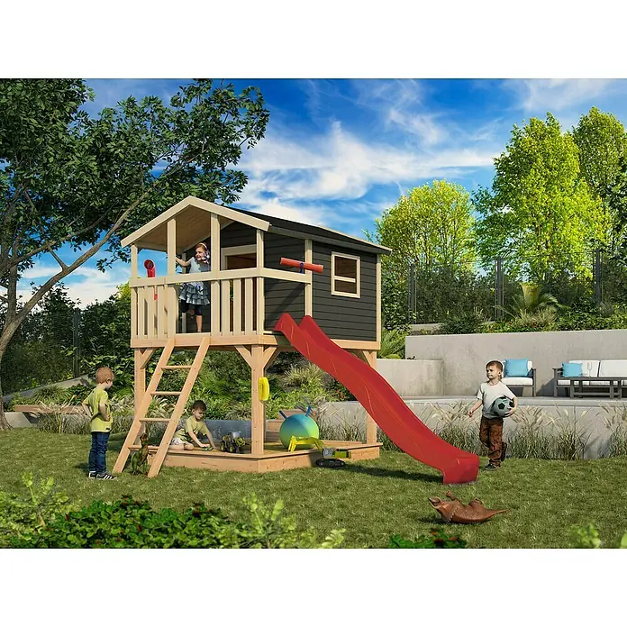 Karibu Spielhaus - L x B x H: 244 cm x 198 mm x 309 cm, Holz, Terragrau, Mit Rutsche & Leiter - Kinder spielen in einem Garten mit einem Spielhaus mit Rutsche, das für stundenlangen Spaß im Freien sorgt.