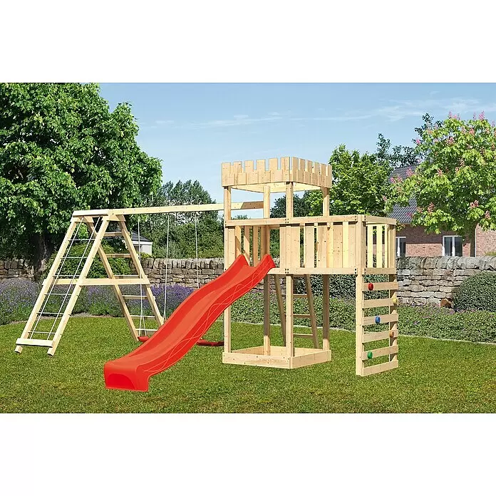 Karibu Kinderspielturm Ritterburg Löwenherz Set 54 - L x B x H: 264 x 522 x 259,5 cm, Natur/Rot - Stimmungsaufnahme
