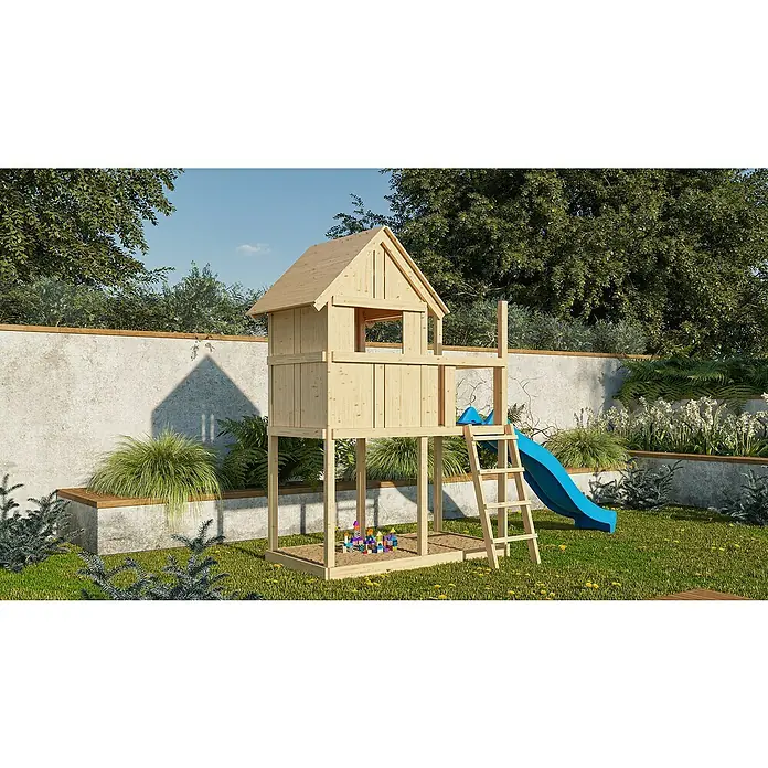 Karibu Kinderspielturm Frieda Set 2 - L x B x H: 107 x 202 x 291 cm, Natur - Ein hölzernes Spielhaus mit Rutsche und Sandkasten, ideal für stundenlangen Spaß im Freien. Das naturbelassene Holz fügt sich perfekt in jeden Garten ein.