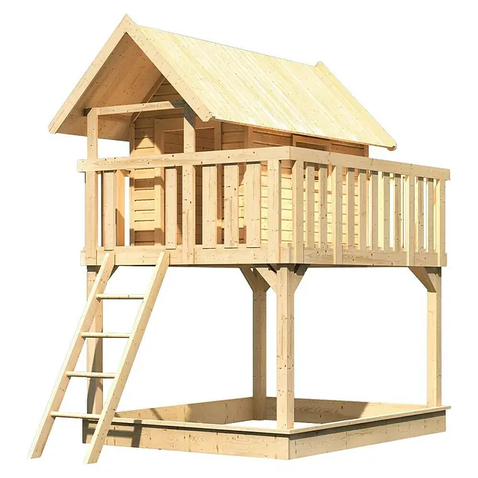 Karibu Kinderspielturm Fidel Set 1 - L x B x H: 243 x 198 x 329,5 cm, Natur - Abbildung eines hölzernen Spielhauses auf Stelzen mit Leiter und Sandkasten darunter, ideal für Kinder zum Spielen und Entdecken im Freien.