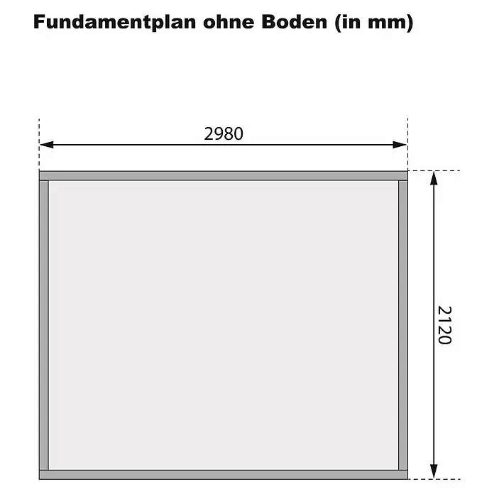 Karibu Gartenhaus Kerko 4 - Außenmaß inkl. Dachüberstand (B x T): 330 x 238 cm, Holz, Natur - Fundamentplan ohne Boden: Abbildung mit Maßen 2980 mm in der Breite und 2120 mm in der Höhe. Ideal für Bauprojekte mit präzisen Fundamentanforderungen.