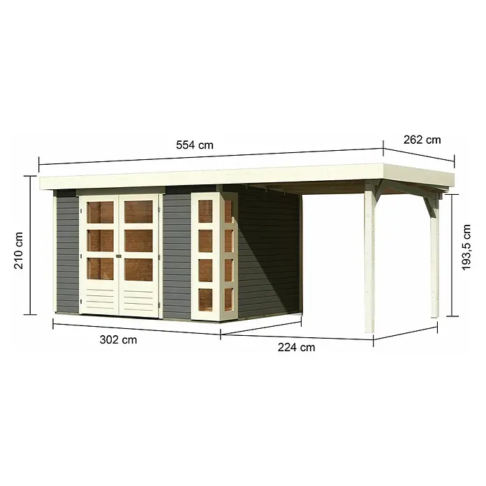 Karibu Gartenhaus Kerko 5 - Außenmaß inkl. Dachüberstand (B x T): 554 x 262 cm, Holz, Terragrau, Mit Seitendach - Abbildung eines Gartenhauses mit Vordach und Maßangaben in Zentimetern. Das Gartenhaus ist grau und das Vordach ist weiß.