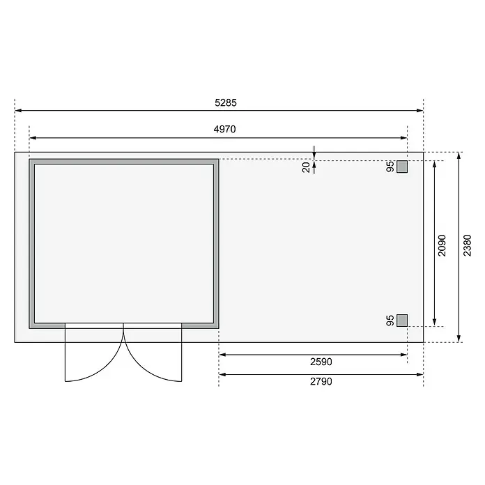 Karibu Gartenhaus Kerko 3 - Außenmaß inkl. Dachüberstand (B x T): 528,5 x 238 cm, Holz, Natur, Mit Seitendach und Rückwand - Grundrisszeichnung eines Hauses mit Maßen, die die Gesamtabmessungen und Details der Raumaufteilung zeigen.