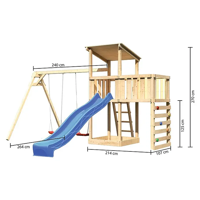 Karibu Kinderspielturm Anna Set 51 - L x B x H: 264 x 454 x 270 cm, Natur - Abbildung eines Spielturms aus Holz mit Rutsche, Schaukel und Kletterwand mit Abmessungen.