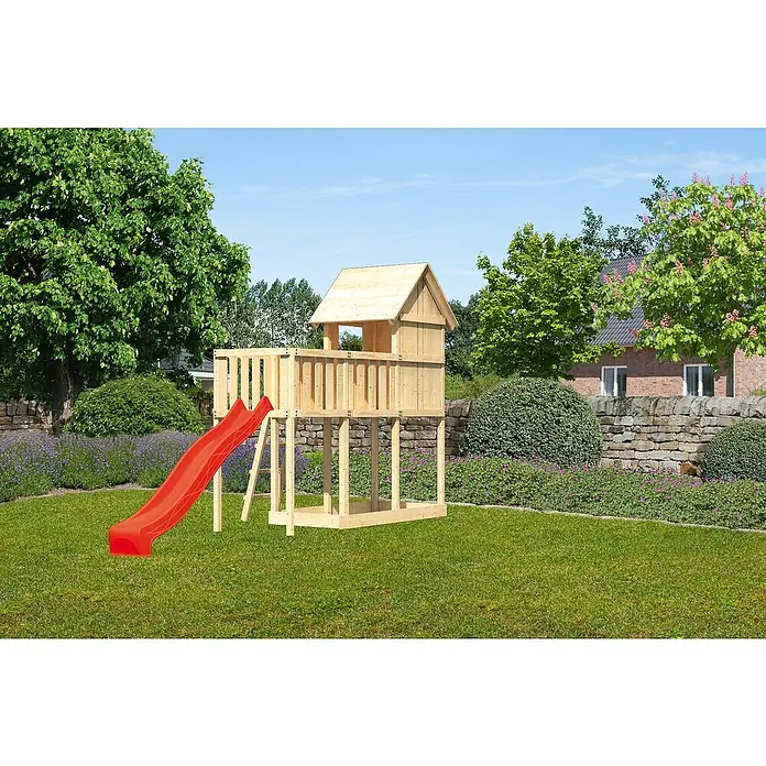 Karibu Kinderspielturm Frieda Set 14 - L x B x H: 107 x 309 x 291 cm, Natur - Holzspielhaus mit Rutsche im Garten. Das Spielhaus bietet Kindern einen sicheren und unterhaltsamen Ort zum Spielen im Freien.