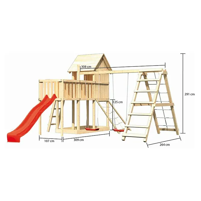Karibu Kinderspielturm Frieda Set 50 - L x B x H: 309 x 415 x 291 cm, Natur - Detailansicht eines Holzspielturms mit Rutsche, Schaukeln und Kletterleiter, versehen mit Maßangaben zur Illustration der Größe.