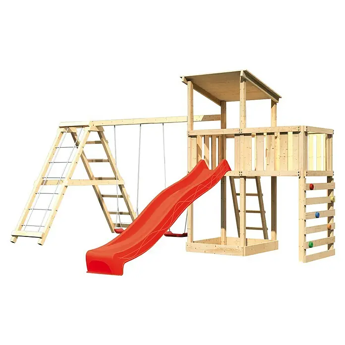 Karibu Kinderspielturm Anna Set 54 - L x B x H: 264 x 522 x 270 cm, Natur - Hölzernes Spielhaus mit Rutsche und Schaukel, perfekt für den Garten. Das Set bietet vielseitigen Spielspaß für Kinder mit Kletterwand.