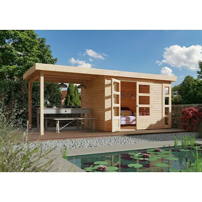 Karibu Gartenhaus Kerko 4Außenmaß inkl. Dachüberstand (B x T): 554 x 238 cm, Holz, Natur, Mit Seitendach - Ein modernes Gartenhaus mit Veranda, ausgestattet mit Glastüren, die einen Blick auf das einladende Interieur freigeben.