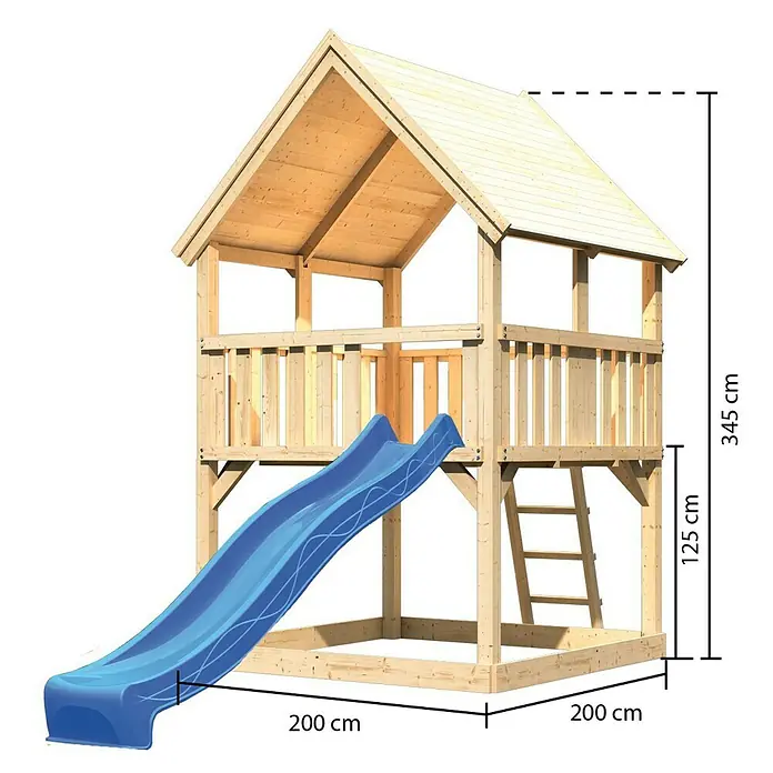 Karibu Kinderspielturm Luis Set 2 - L x B x H: 200 x 200 x 345 cm, Natur/Blau - Abbildung eines Holzspielhauses mit Rutsche und Leiter mit den Maßen 200 x 200 x 345 cm und einer Plattformhöhe von 125 cm.