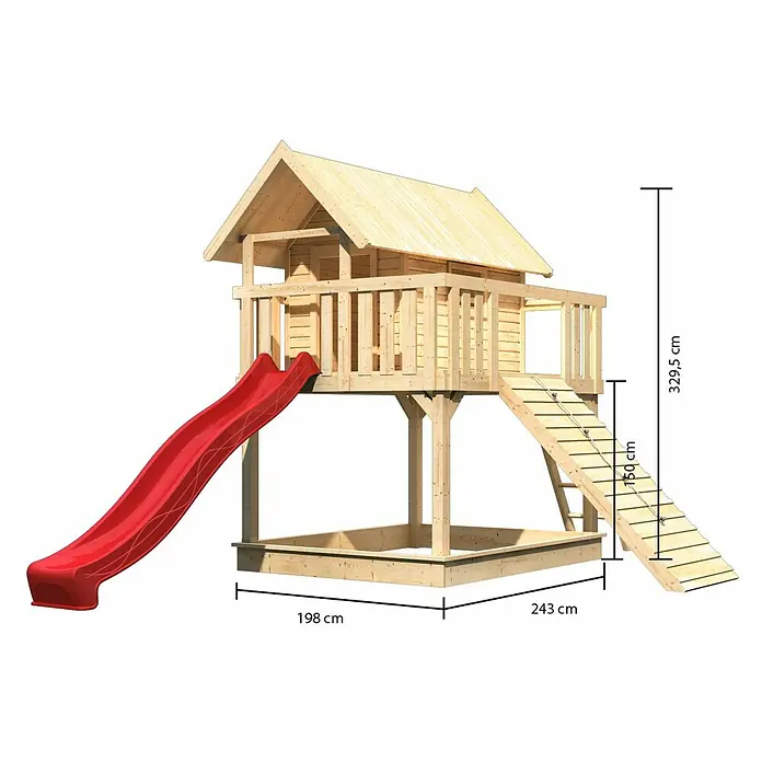 Karibu Kinderspielturm Fidel Set 16 - L x B x H: 243 x 198 x 329,5 cm, Natur/Rot - Holzspielhaus mit roter Rutsche und Sandkasten, Maße: 329,5 cm hoch, 198 cm breit, 243 cm tief.