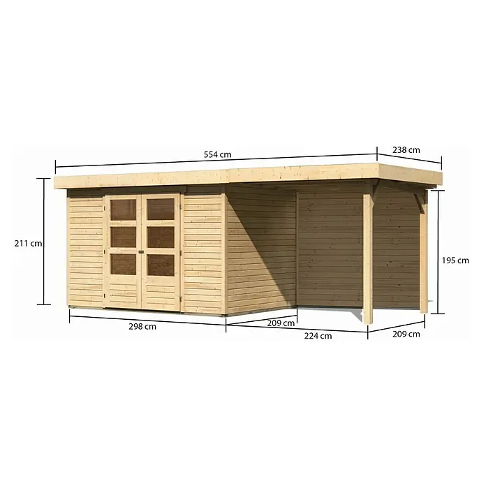 Karibu Gartenhaus Askola 4 - Außenmaß inkl. Dachüberstand (B x T): 554 x 238 cm, Holz, Natur, Mit Seitendach und Rückwand - Ansicht eines Holz-Gartenhauses mit den Maßen 554 x 298 cm, inklusive Veranda mit einer Höhe von 195 cm und einem Dachüberstand von 238 cm.