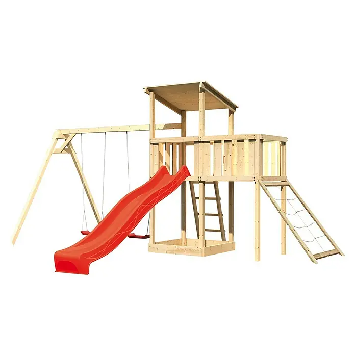 Karibu Kinderspielturm Anna Set 48 - L x B x H: 264 x 347 x 270 cm, Natur - Abenteuerlicher Kinderspielplatz mit Rutsche, Schaukel und Kletterturm. Perfekt für stundenlangen Spaß im Freien und die Entwicklung von motorischen Fähigkeiten.