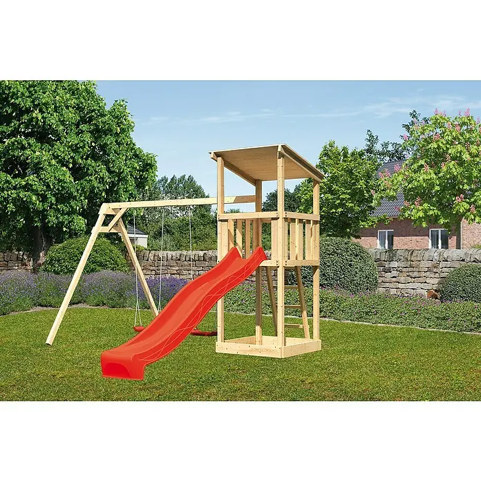 Karibu Kinderspielturm Anna Set 10 - L x B x H: 264 x 347 x 270 cm, Natur - Holzspielturm mit roter Rutsche und Schaukel. Ideal für Kinder zum Spielen im Garten.