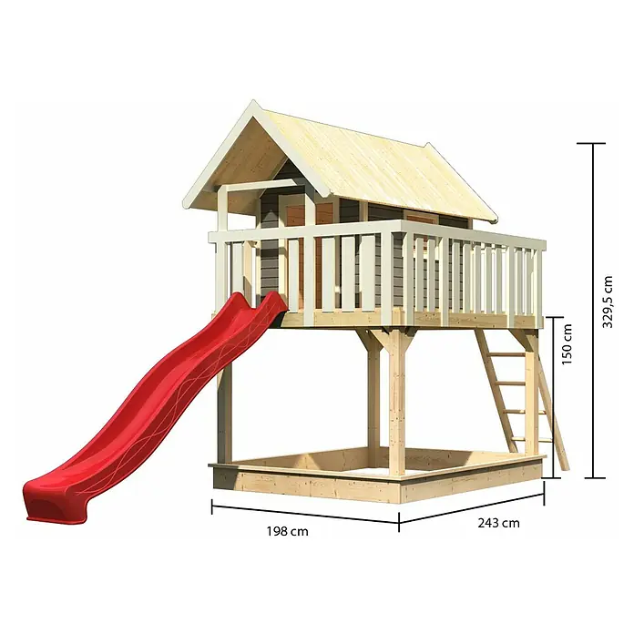 Karibu Kinderspielturm Fidel Set 6 - L x B x H: 243 x 198 x 329,5 cm, Terragrau /Rot - Abbildung eines Holzspielhauses mit Rutsche und Sandkasten mit den Maßen 198 cm x 243 cm x 329,5 cm.