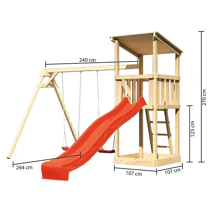 Karibu Kinderspielturm Anna Set 10 - L x B x H: 264 x 347 x 270 cm, Natur - Abbildung eines Spielturms mit Rutsche und Schaukel mit den Maßen 240 cm breit, 264 cm tief und 270 cm hoch.