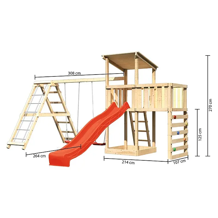 Karibu Kinderspielturm Anna Set 54 - L x B x H: 264 x 522 x 270 cm, Natur - Abbildung eines Holzspielplatzes mit Schaukel, Rutsche, Kletterwand und Turm mit den Maßen 308cm x 264cm x 214cm x 107cm x 270cm x 125cm.