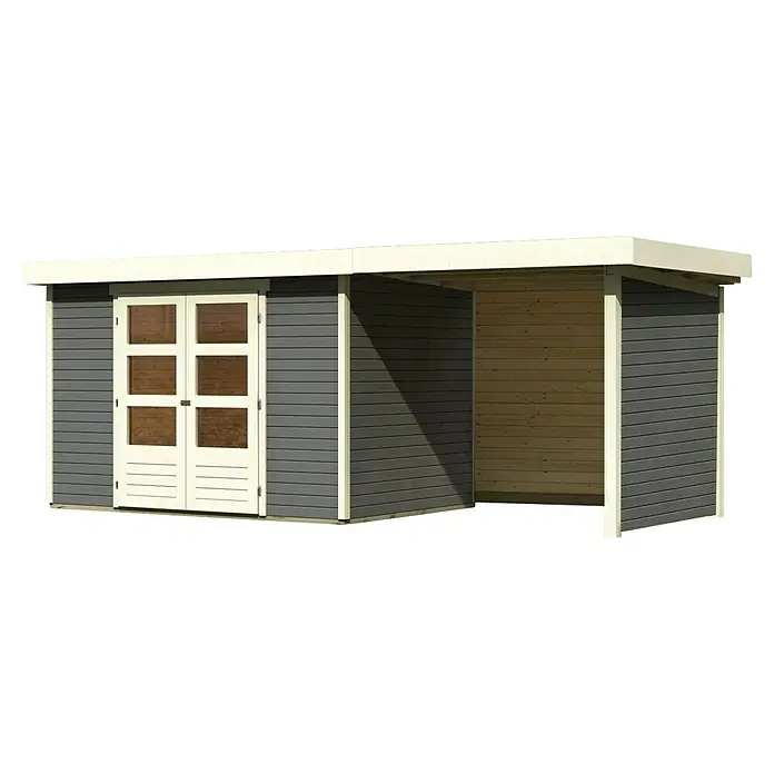 Karibu Gartenhaus Askola 4 - Außenmaß inkl. Dachüberstand (B x T): 554 x 238 cm, Holz, Terragrau, Mit Seitendach, Rück- und Seitenwand - Das Bild zeigt ein graues Gartenhaus mit Doppeltür und einem offenen Anbau, ideal für die Aufbewahrung von Gartengeräten und als Unterstand.