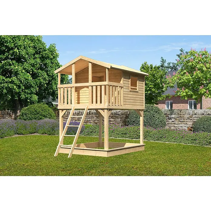 Karibu Spielhaus Benjamit Set 1 - L x B x H: 244 cm x 198 mm x 309 cm, Holz, Natur - Abenteuerlicher Spielturm aus Holz mit Leiter und Sandkasten für fantasievolle Spiele im Freien. Der perfekte Ort für kleine Entdecker!