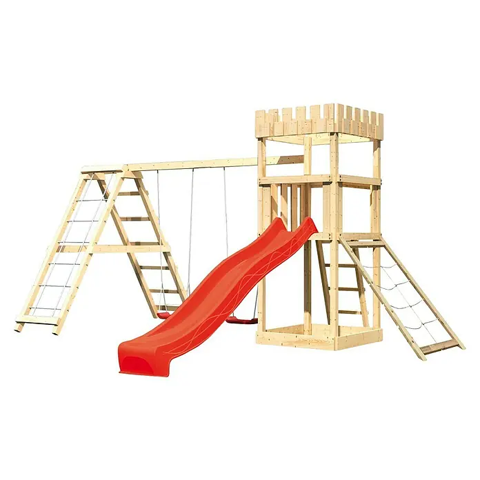 Karibu Kinderspielturm Ritterburg Löwenherz Set 34 - L x B x H: 264 x 415 x 259,5 cm, Natur/Rot - Spielturm mit Schaukel und Rutsche für Kinder. Der Spielplatz ist aus Holz gefertigt und bietet viel Spaß.