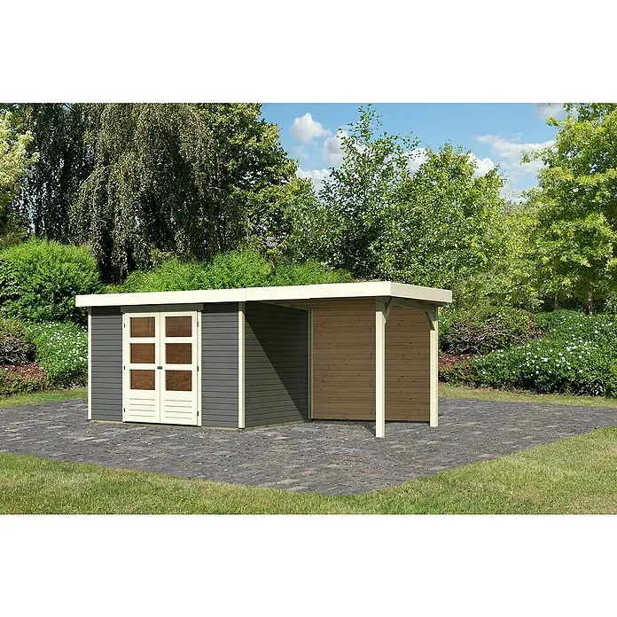 Karibu Gartenhaus Askola 4Außenmaß inkl. Dachüberstand (B x T): 554 x 238 cm, Holz, Terragrau, Mit Seitendach und Rückwand - Ein modernes Gartenhaus mit grauem Abstellraum und einem hellbraunen, überdachten Bereich vor einem grünen Hintergrund.
