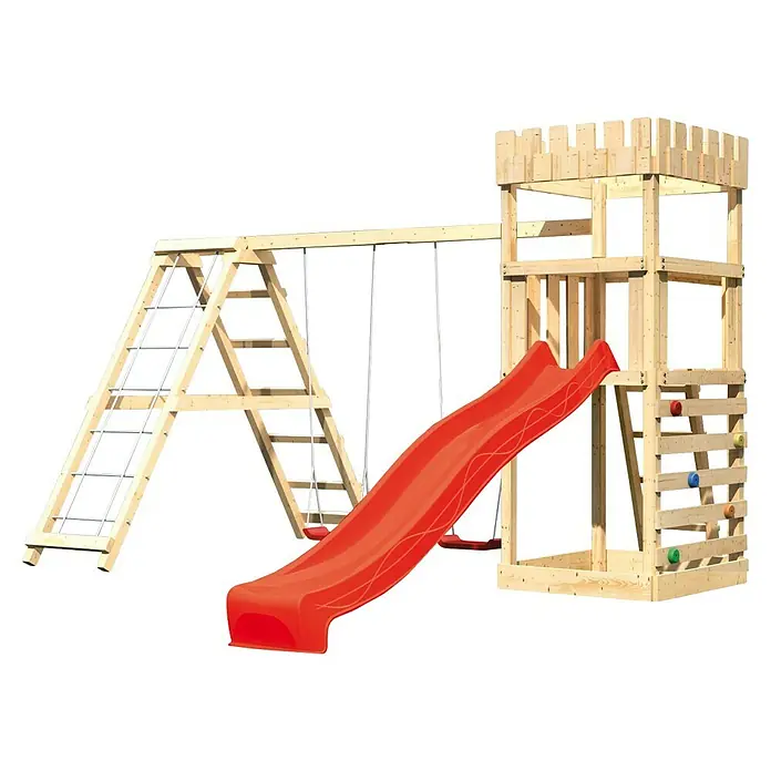 Karibu Kinderspielturm Ritterburg Löwenherz Set 38 - L x B x H: 264 x 415 x 259,5 cm, Natur/Rot - Spielturm mit Rutsche, Schaukel und Kletterwand. Das perfekte Spielgerät für den Garten.