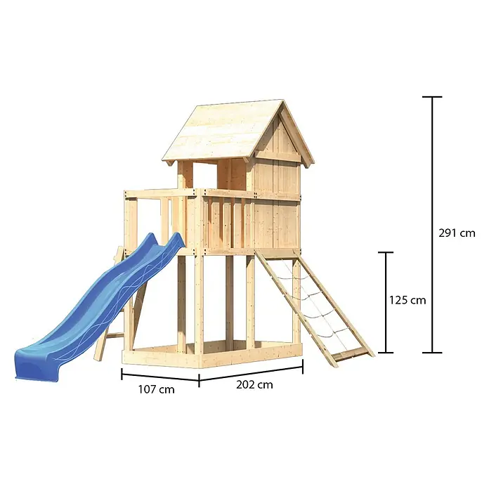 Karibu Kinderspielturm Frieda Set 15 - L x B x H: 202 x 107 x 291 cm, Natur - Bild eines Kinderspielturms aus Holz mit Rutsche, Kletterwand und den Maßen 291 cm Höhe, 107 cm Rutschenlänge und 202 cm Breite.