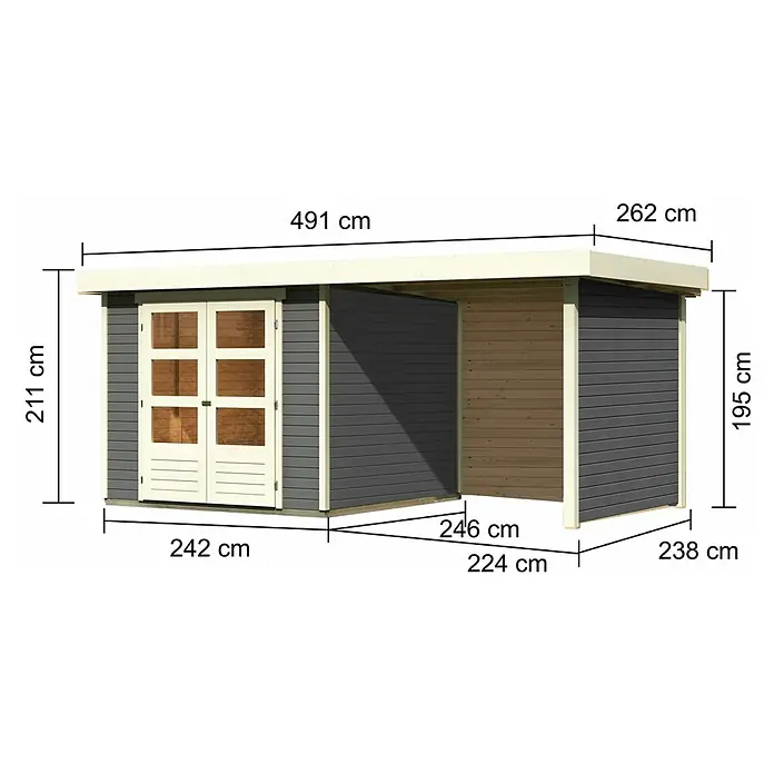 Karibu Gartenhaus Askola 3,5 - Außenmaß inkl. Dachüberstand (B x T): 491 x 262 cm, Holz, Terragrau, Mit Seitendach, Rück- und Seitenwand - Abmessungen des Gartenhauses mit Anbau, inklusive Höhen-, Breiten- und Tiefenangaben in Zentimetern.