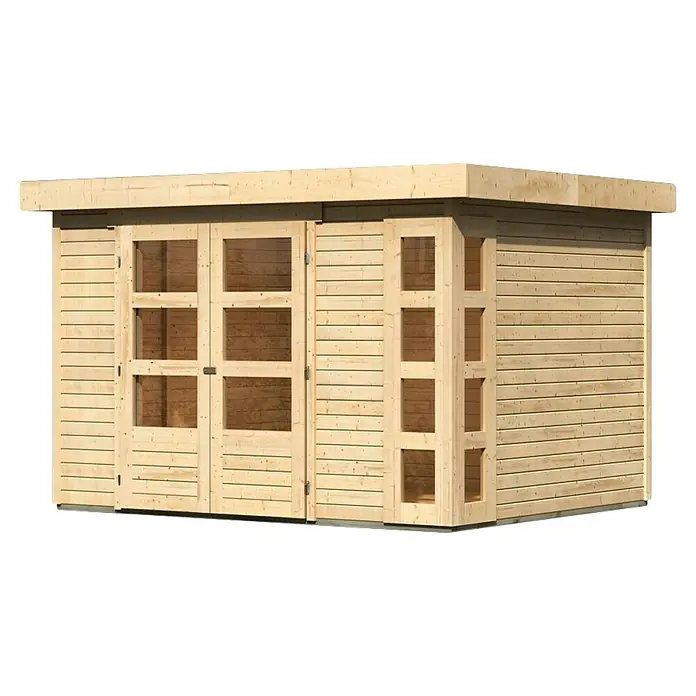 Karibu Gartenhaus Kerko 5 - Außenmaß inkl. Dachüberstand (B x T): 329 x 262 cm, Holz, Natur - Ein helles Holzgartenhaus mit Doppeltüren und rechteckigen Fenstern. Das moderne Design bietet eine tolle Optik für jeden Garten.