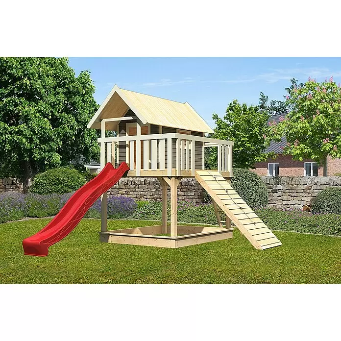 Karibu Kinderspielturm Fidel Set 18L x B x H: 243 x 198 x 329,5 cm, Terragrau/Rot