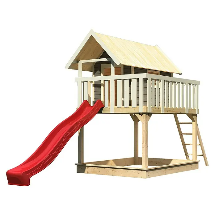 Karibu Kinderspielturm Fidel Set 6 - L x B x H: 243 x 198 x 329,5 cm, Terragrau /Rot - Bild eines Spielhauses mit Rutsche und Sandkasten, ideal für den Garten und zum Spielen im Freien.