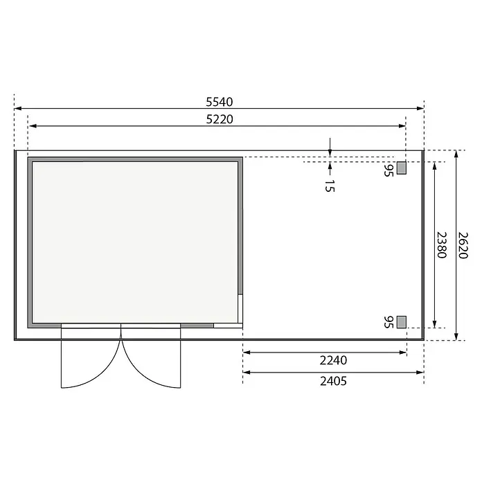 Karibu Gartenhaus Kerko 5 - Außenmaß inkl. Dachüberstand (B x T): 554 x 262 cm, Holz, Terragrau, Mit Seitendach - Draufsicht auf ein Hauslayout mit präzisen Maßangaben. Ideal zur Planung und Visualisierung von Wohnräumen mit detaillierten Raumabmessungen.
