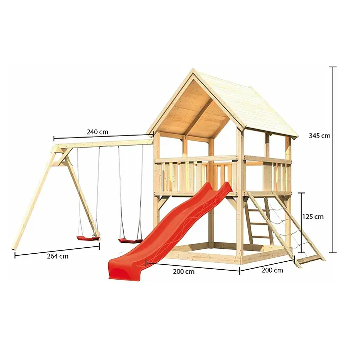 Karibu Kinderspielturm Luis Set 21 - L x B x H: 264 x 440 x 345 cm, Natur/Rot - Produktansicht des Holzspielplatzes mit Schaukel, Rutsche und Klettergerüst mit den Maßen 345x264x240x200x125 cm.