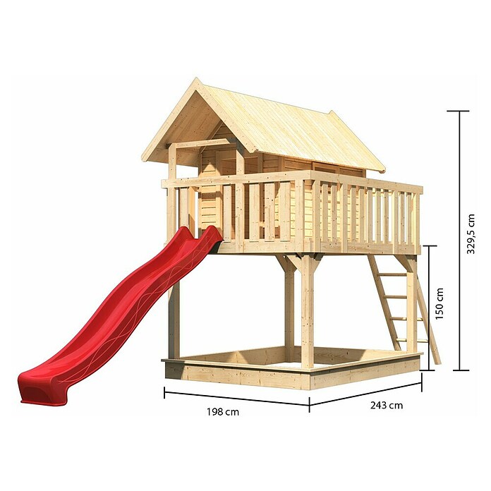 Karibu Kinderspielturm Fidel Set 4 (L x B x H: 243 x 198 x 329,5 cm, Natur/Rot) | BAUHAUS