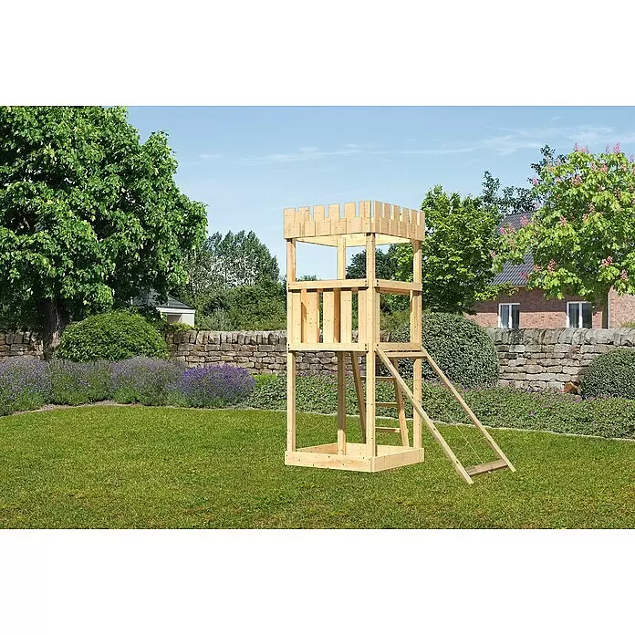 Karibu Kinderspielturm Ritterburg Löwenherz Set 7 - L x B x H: 107 x 107 x 259,5 cm, Natur - Ein Spielturm aus hellem Holz mit Leiter, für Kinderspiele im Freien.