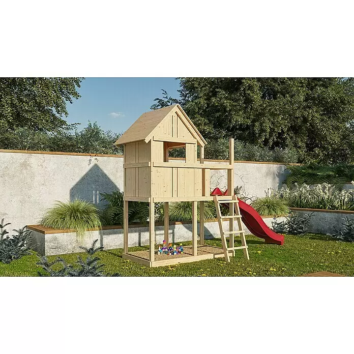 Karibu Kinderspielturm Frieda Set 3 - L x B x H: 202 x 107 x 291 cm, Natur - Naturholz Spielhaus mit roter Rutsche und Sandkasten.