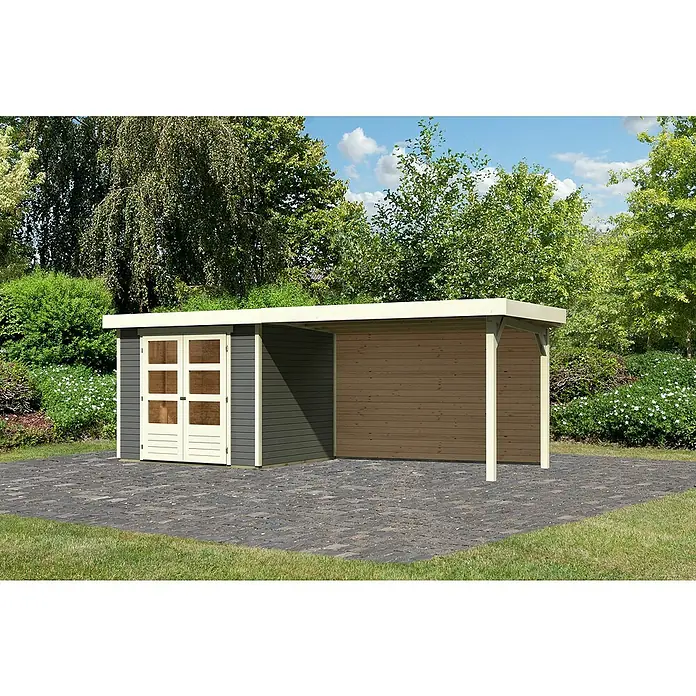 Karibu Gartenhaus Askola 3 - Außenmaß inkl. Dachüberstand (B x T): 528,5 x 238 cm, Holz, Terragrau, Mit Seitendach und Rückwand - Modernes Gartenhaus mit Anbau und Doppeltür, ideal für Gartenutensilien. Die Holzkonstruktion fügt sich nahtlos in jede Gartengestaltung ein.