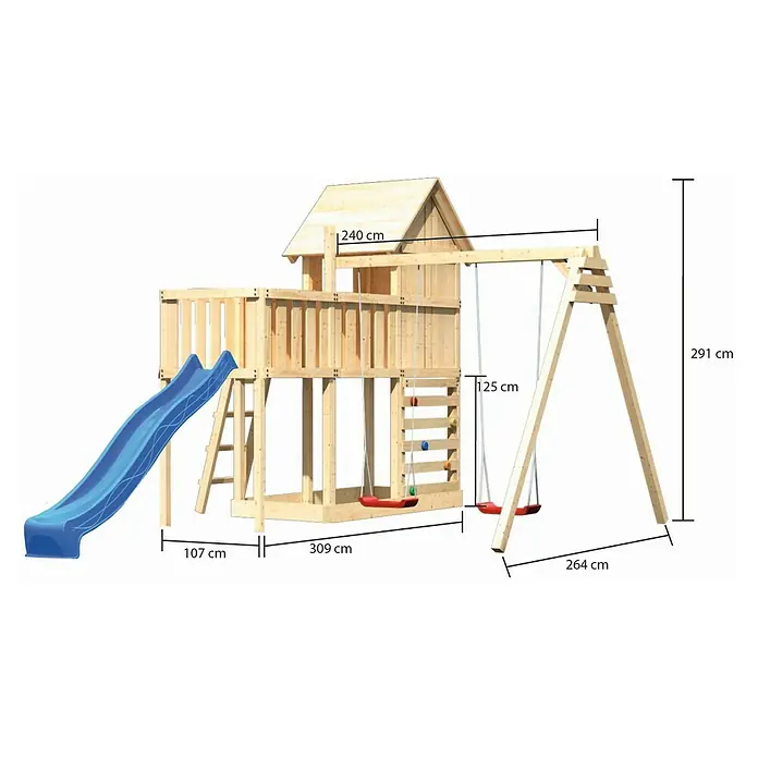 Karibu Kinderspielturm Frieda 51 - L x B x H: 309 x 347 x 291 cm, Natur - Bild eines Holzspielplatzes mit Rutsche, Schaukel und Kletterwand, versehen mit Maßangaben. Ideal für Kinder zum Spielen im Freien.