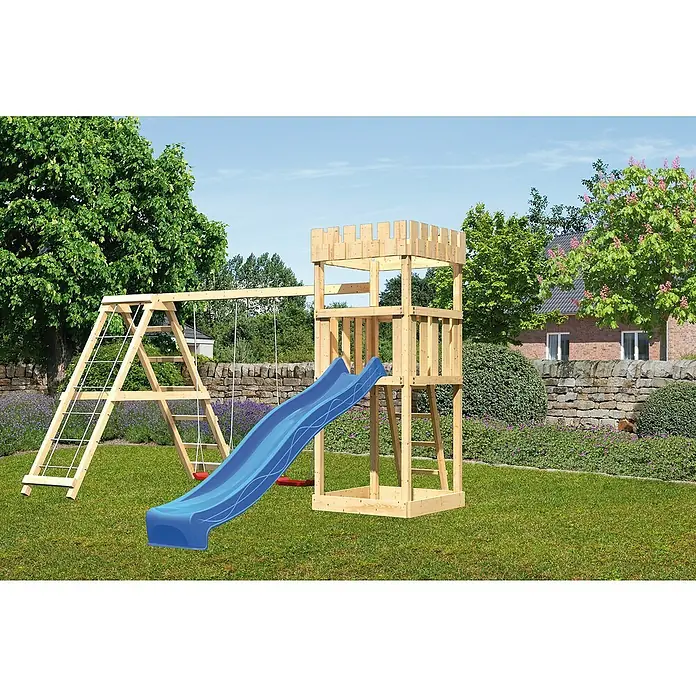 Karibu Kinderspielturm Ritterburg Löwenherz Set 11 - L x B x H: 264 x 415 x 259,5 cm, Natur/Blau - Holzspielplatz mit Schaukel, Rutsche und Turm im Garten. Ideal für Kinder zum Spielen und Austoben.